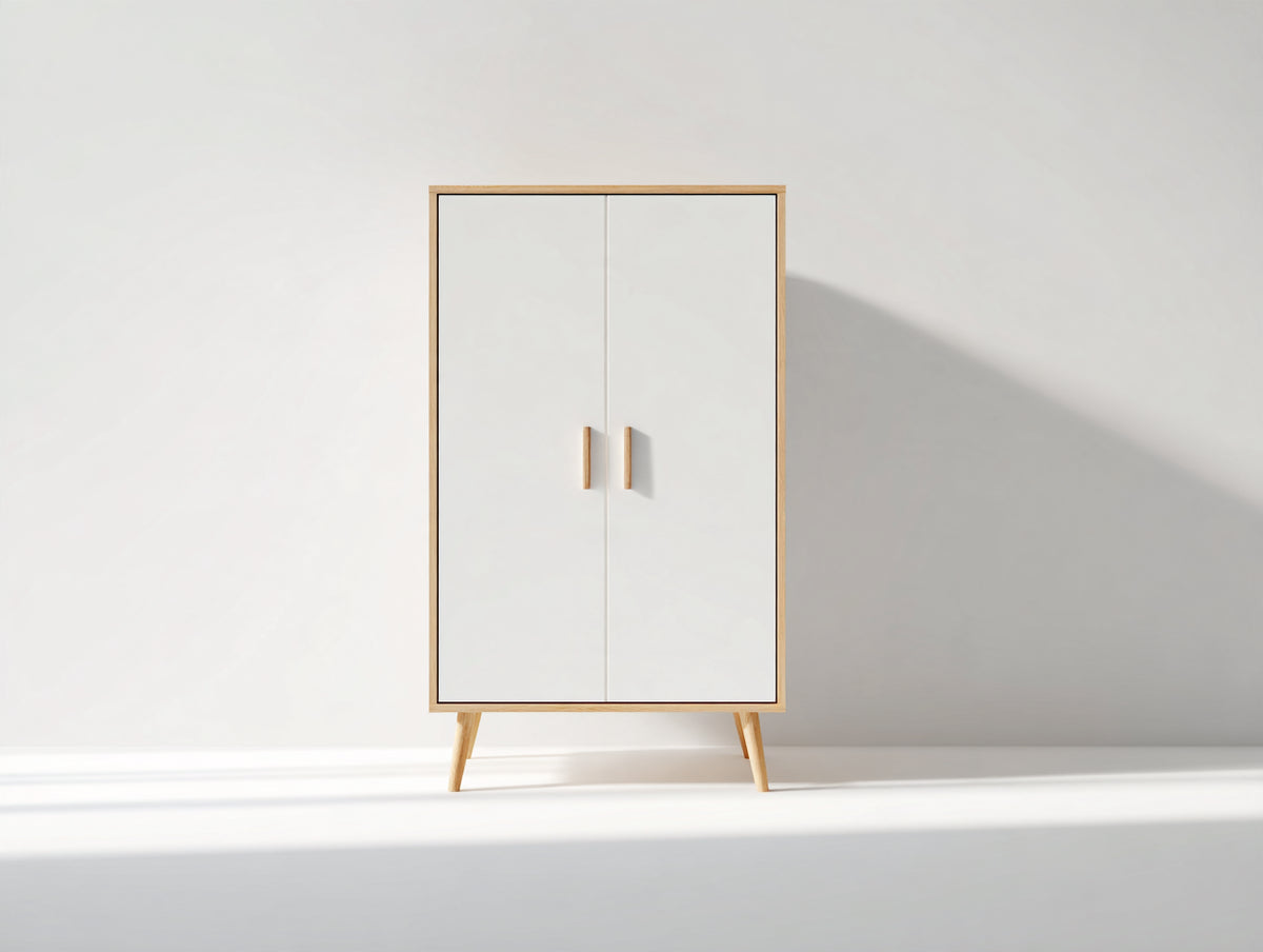 Armoire 2 portes - Bois - 90 x 50 x 175 cm - Blanc-Bois naturel - Style scandinave minimaliste
