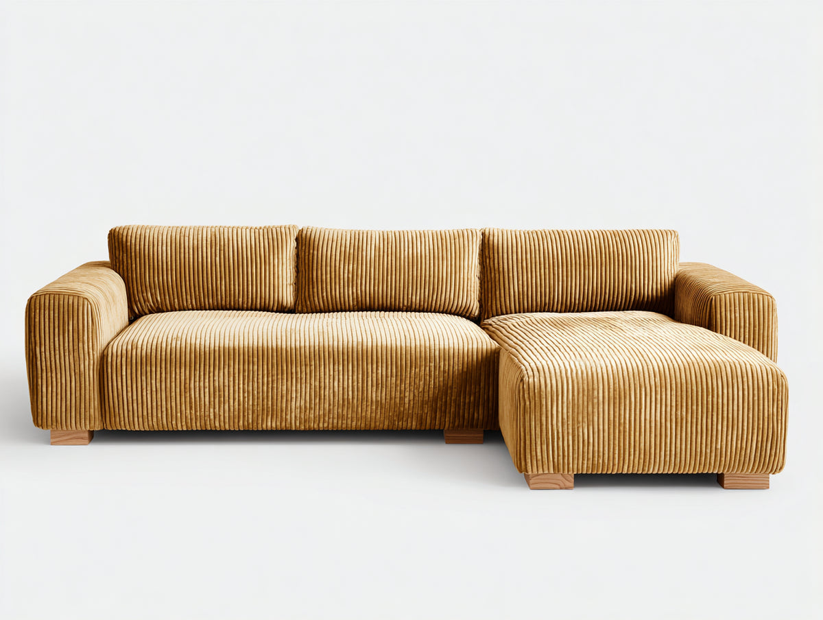 Canapé d'angle - Velours côtelé - Bois - 282 x 172 x 80 cm - Jaune moutarde - Style contemporain