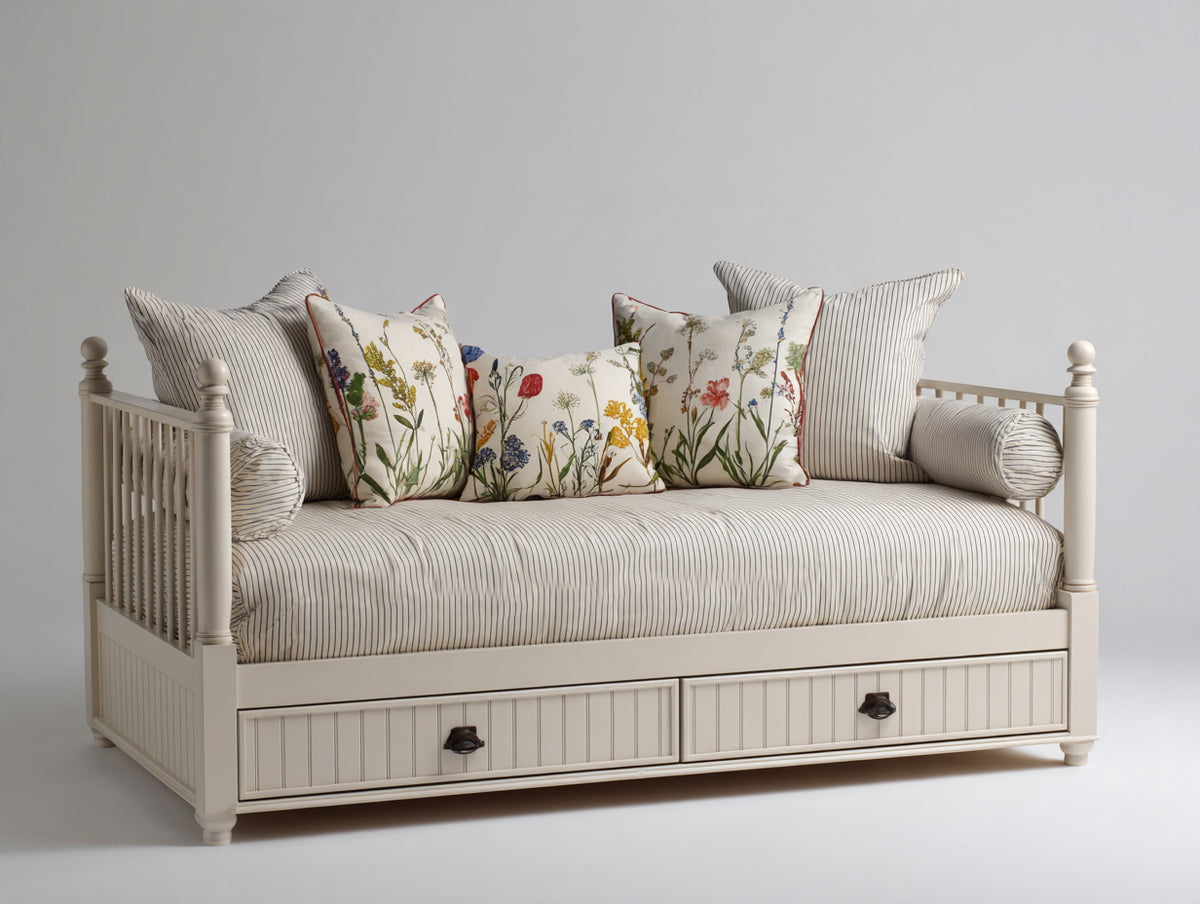 Canapé lit - Bois-Tissu - 205 x 95 x 90 cm - Blanc cassé-Gris - Style cottage
