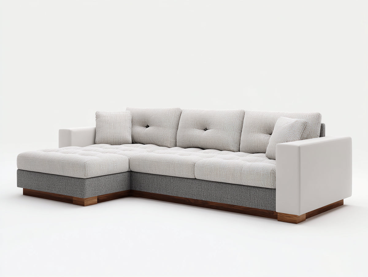 Canapé d'angle - Tissu - Bois - 295 x 180 x 85 cm - Beige clair-Gris-Blanc - Style contemporain
